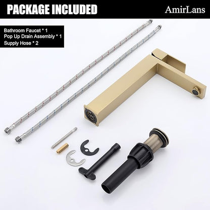 Brushed Gold Vessel Sink Faucet, Gold Bathroom Faucet Single Hole, Single Handle Tall Bathroom Sink Faucet with Pop Up Drain, AML-11411-BG