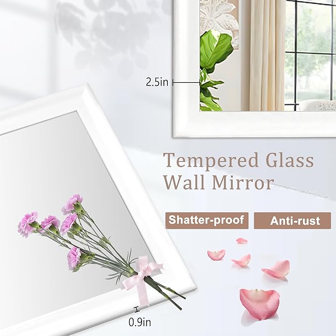 White Bathroom Mirror 24x36 Inch, Wooden Framed Rectangle Mirrors for Wall with Tempered Glassr for Bedroom Living Room or Entryway, Vertical or Horizontal Hanging