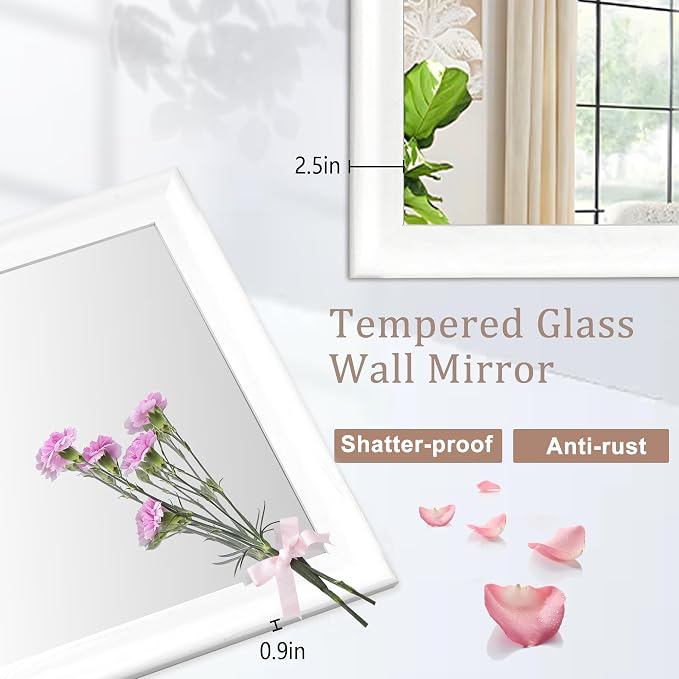 24x36 Inch White Rectangle Bathroom Mirrors for Wall | Tempered Glass, 4 Pre-Installed D-Ring Hooks, Horizontal and Vertical Wall Mount