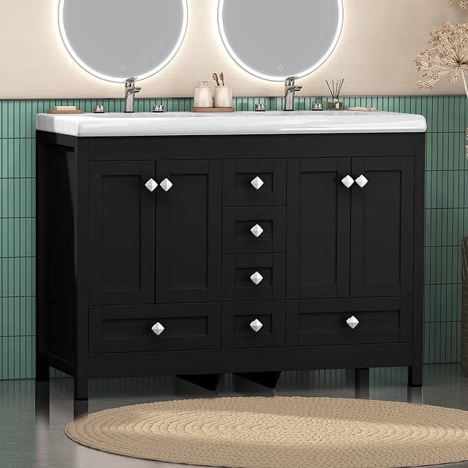 48 Inch Bathroom Vanity with Double Sink, Bathroom Vanity Cabinet with Doulble Sink, Black Bath Vanities with 4 Doors and 6 Drawers (20" D x 48" W x 36" H)