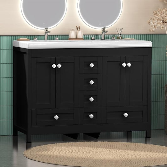 48 Inch Bathroom Vanity with Double Sink, Bathroom Vanity Cabinet with Doulble Sink, Black Bath Vanities with 4 Doors and 6 Drawers (20" D x 48" W x 36" H)