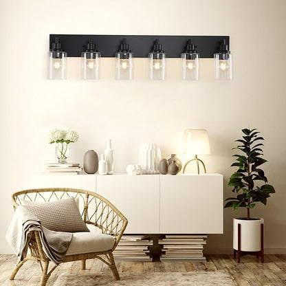 LOUSACE 6 Light Bathroom Vanity Light, Matte Black Bathroom Light Fixtures Over Mirror, Modern Bathroom Lighting with Clear Glass Shade, Black Farmhouse Wall Sconces Lighting Fixture