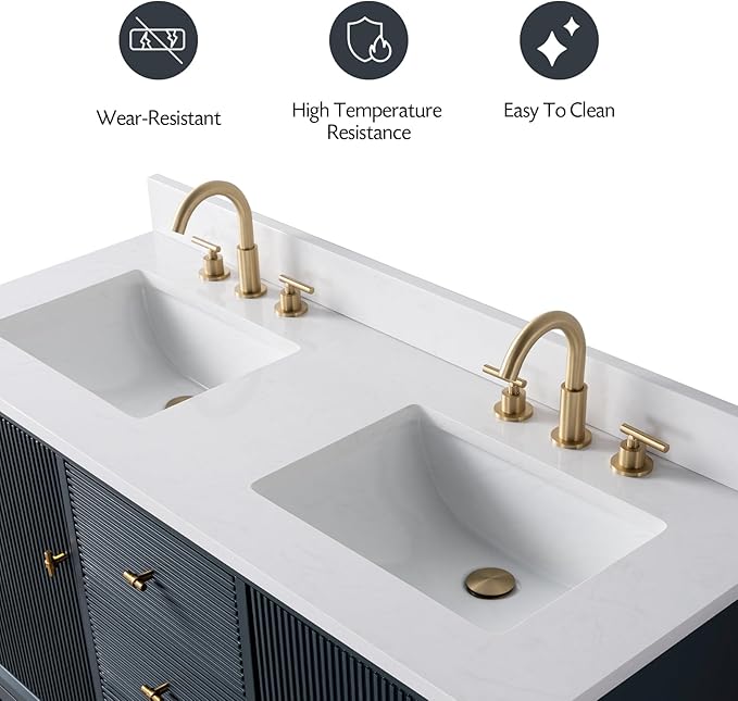 Vanity Art 54" Bathroom Vanity with Double Sink & Arabescato White Engineered Stone Top,Soft Closing Door, Solid Wood Frame, Golden Brushed Handles, Vintage Spruce Blue VA8154D-VSB-GB
