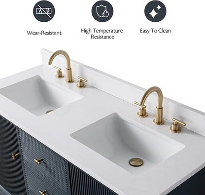 Vanity Art 54" Bathroom Vanity with Double Sink & Arabescato White Engineered Stone Top,Soft Closing Door, Solid Wood Frame, Golden Brushed Handles, Vintage Spruce Blue VA8154D-VSB-GB