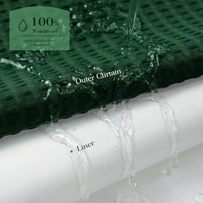 Dark Green Hook Free Waffle Shower Curtain & Snap-in Liner,72x87 | Less Time to install, 3 in 1 Fabric Shower Curtain and Liner Set with Magnets, Extra Long, Shower Curtains for Bathroom