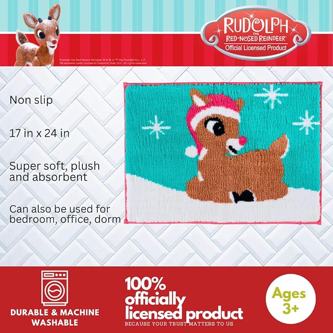 Collectibles Rudolph The Red Nose Reindeer Holiday & Christmas Non Slip Plush Poly Knit Bathroom Mat Rug, 17x24, (Officially Licensed Product) By Franco