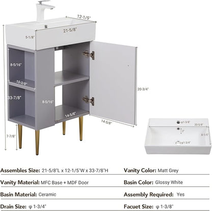 22" Small Bathroom Vanity with Sink, Morden Bathroom Vanities with Soft-Close Door and Open Shelf, Freestanding Narrow Vanity for Compact Space-Saving Bathrooms (Gray,22" Freestanding Left Shelf)