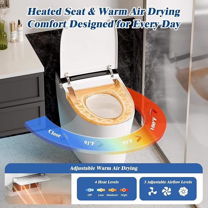 Smart Toilet with Bidet Built-In, Auto Flush, Auto Open/Close Lid, Foot Sensor, Heated Seat, Warm Water Wash, Warm Air Dryer, Deodorizer, Night Light, Remote Control (Black)