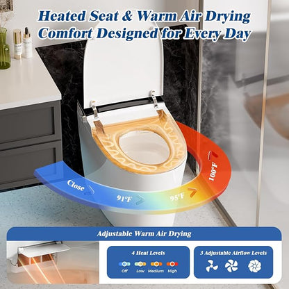 Smart Toilet with Bidet Built-In, Auto Flush, Auto Open/Close Lid, Foot Sensor, Heated Seat, Warm Water Wash, Warm Air Dryer, Deodorizer, Night Light, Remote Control (Black)