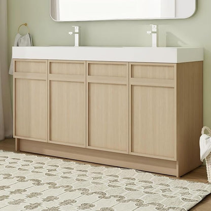 60" Double Sink Freestanding Bathroom Vanity Brown 4-Door Cabinet | Twin basins for master baths, Silent soft-close hardware, Scratch-resistant basins included