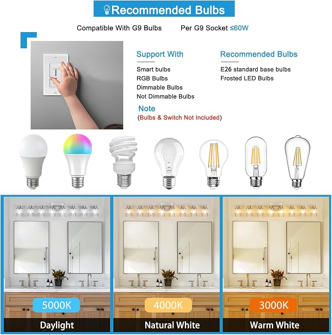 YYT 8-Light Bathroom Vanity Light Fixtures, Over Mirror Brushed Nicekl Vanity Light Fixtures for Bathroom with Clear Glass Shade