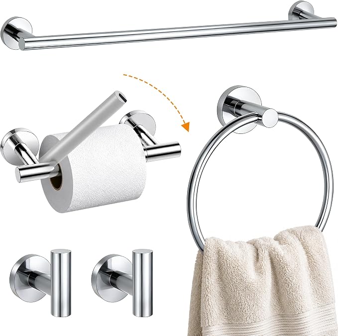 5Piece Polished Chrome Bathroom Hardware Accessories Set, 24" Towel Bar Set | Bathroom Towel Rack Set with Wall Mounted SUS304 Stainless Steel , Double Post Toilet Paper Holder, Towel Ring & Robe Hooks