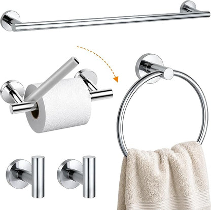 5Piece Polished Chrome Bathroom Hardware Accessories Set, 24" Towel Bar Set | Bathroom Towel Rack Set with Wall Mounted SUS304 Stainless Steel , Double Post Toilet Paper Holder, Towel Ring & Robe Hooks