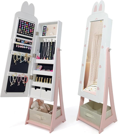 Karl home 45.5" Kids Jewelry Armoire with Mirror, White | Standing Organizer with Removable Drawers, Cute Rabbit-Shaped Dress Up Cabinet for Little Girls