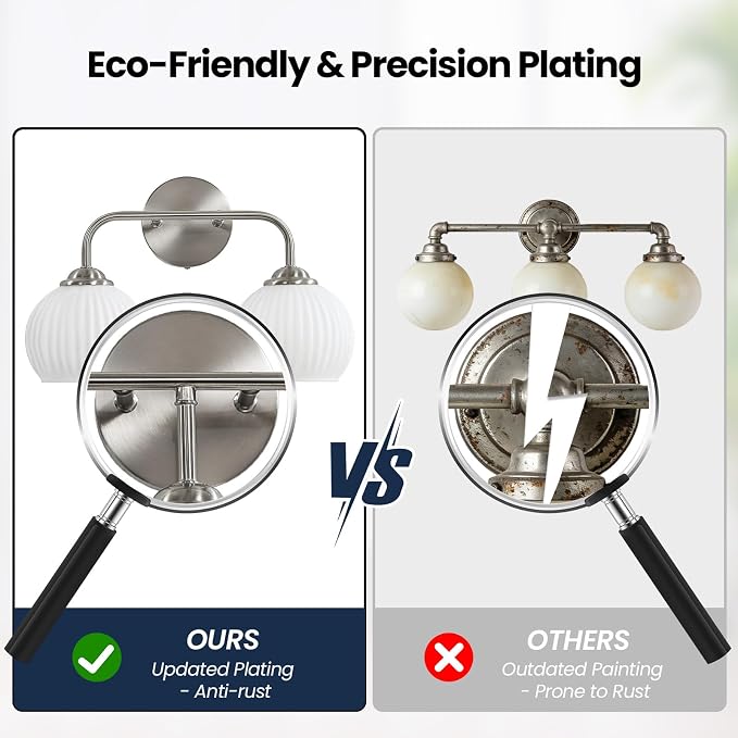 RUIYEY Bathroom Vanity Light Fixtures: 2-Lights Vanity Lighting Fixtures with Frosted Milky Glass Shades, Hardwired 15.9 in Brushed Nickel Vanity Lights Over Mirror (Exclude E26 Bulb)