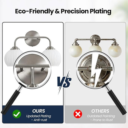 RUIYEY Bathroom Vanity Light Fixtures: 2-Lights Vanity Lighting Fixtures with Frosted Milky Glass Shades, Hardwired 15.9 in Brushed Nickel Vanity Lights Over Mirror (Exclude E26 Bulb)
