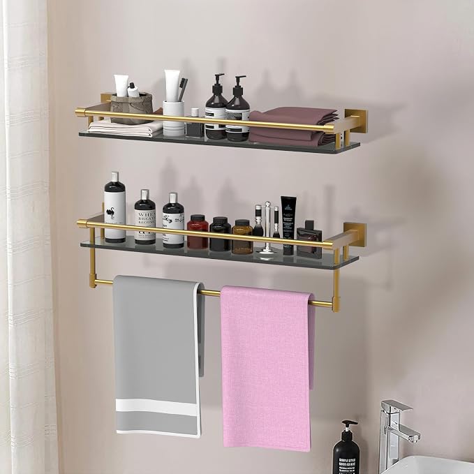Bathroom Glass Shelf with Towel Bar/Rack 24 inches Wall-Mounted Shelves Tempered Glass Sink Toilet Organizer Shower Towel Decorative Storage (Polished Gold Finish)