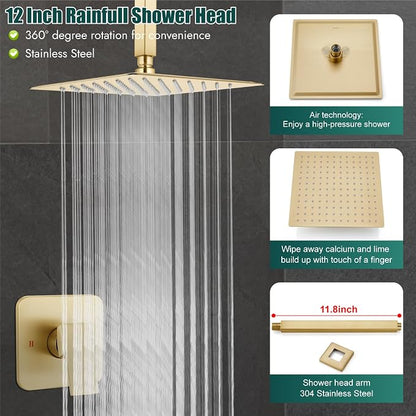 Heyalan 12-Inch Ceiling Mount Shower Faucet Set with Valve, Brushed Gold | Rainfall shower head, ceiling-mount design, SUS304 steel, adjustable angle, single-handle control