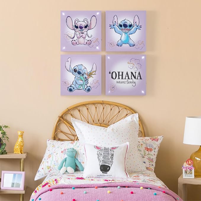 Disney Stitch 4-Pack Canvas LED Wall Art Set,Children’s Hanging Wall Décor for Bedroom & Playroom, Each Piece 11" x 11"