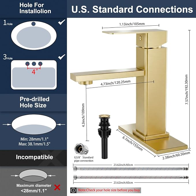 Brushed Gold Bathroom Faucet, Design with Pop-Up Drain | Single Handle Square Modern Stainless Steel, 1 or 3 Hole Installation for Farmhouse, Bathroom Sink, Vanity, Washbasin, RV