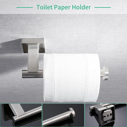 Miyili Bathroom Accessories Set 4-Piece Bath Hardware Kit Brushed Stainless Steel Wall Mount - Includes Double Towel Bar, Hand Towel Rack, Toilet Paper Holder, Robe Hook, BS02N4