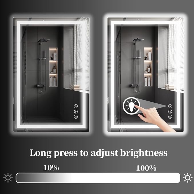 Koonmi 40x32 LED Bathroom Mirror with Light, Anti-Fog, 3 Colors | Backlit + Front Lit, Dimmable Brightness, Shatterproof HD Distortion-Free Tempered Glass, Hardware Included