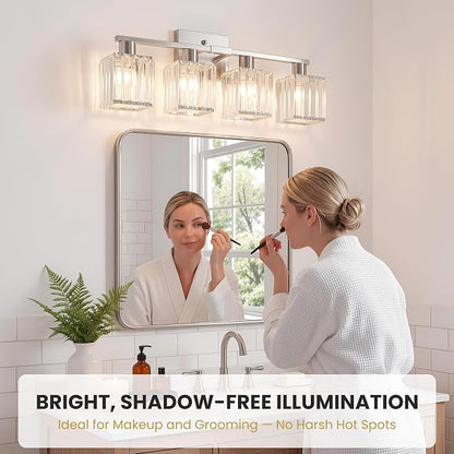 Crystal Bathroom Light Fixtures, 4-Light Brushed Nickel, Vanity Lights for Bathroom Over Mirror, Modern Bath Wall Sconce for Mirror Bedroom Living Room