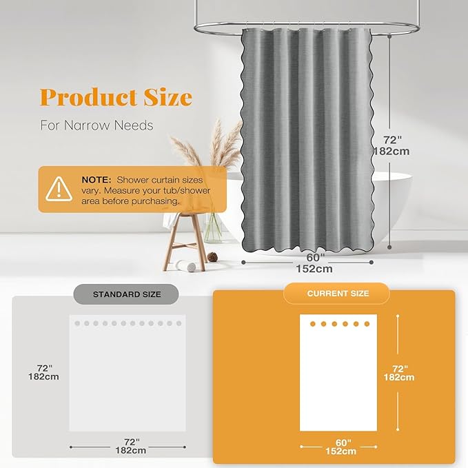 BTTN Stall Shower Curtain, 60×72 Boho Scalloped Linen Textured Thick Fabric Shower Curtain Set with 10 Plastic Hooks, Narrow Neutral Modern Country Waterproof Shower Curtains for Bathroom, Grey/Gray