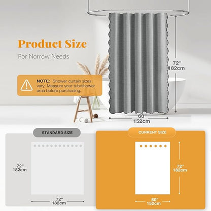 BTTN Stall Shower Curtain, 60×72 Boho Scalloped Linen Textured Thick Fabric Shower Curtain Set with 10 Plastic Hooks, Narrow Neutral Modern Country Waterproof Shower Curtains for Bathroom, Grey/Gray