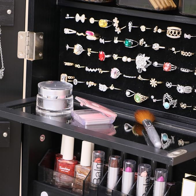 Standing Jewelry Armoire Cabinet Lockable Full Length Mirror with Drawer | Jewelry Organizer Armoire with Wheels,Floor Mirror with Back Storage Shelves for Bedroom Christmas Gift for Friend Black