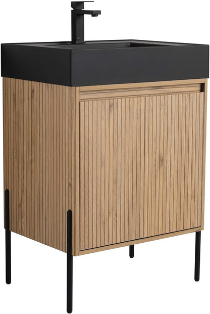 Crownpoint 24 Inch Bathroom Vanity with Sink, Black Sink, Bright Oak Finish, Full Assembly Required, Elegant Bathroom Vanities for Modern Homes