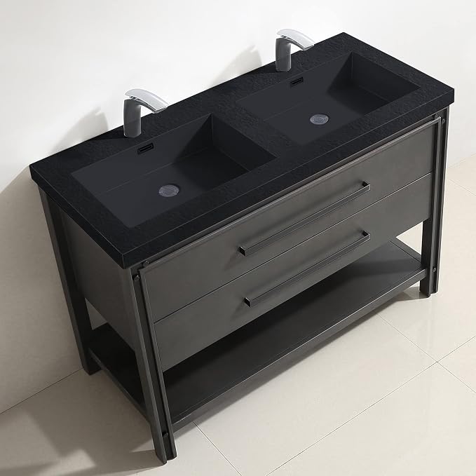 Dowell 49" Bathroom Sink,Double Bowl Vanity Basin,Rectangular Drop-In Bathroom Sink with Overflow,Black-000 4922BPBL