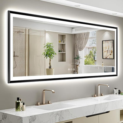 96x36 Black Framed LED Bathroom Mirror with Lights, Backlit and Front Light, Lighted Bathroom Vanity Mirror for Wall Dimmable Anti-Fog Memory Tempered Glass Horizontal/Vertical