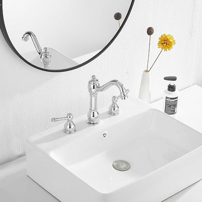 GGStudy 2 Handles 3 Holes Faucet Widespread Bathroom Sink Faucet Basin Tap Mixer Supply Hose Included Matching Pop Up Drain Polished Chrome