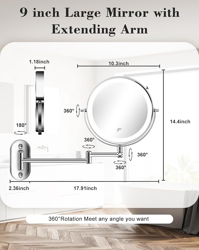 20X 9" Wall Mounted Magnifying Makeup Mirror with Light Height Adjustable | 5000mAh Double Sided Rechargeable LED Lighted Vanity Mirror with Magnification 3 Color Light up Extended Arm 360 Rotation