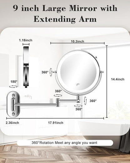 20X 9" Wall Mounted Magnifying Makeup Mirror with Light Height Adjustable | 5000mAh Double Sided Rechargeable LED Lighted Vanity Mirror with Magnification 3 Color Light up Extended Arm 360 Rotation