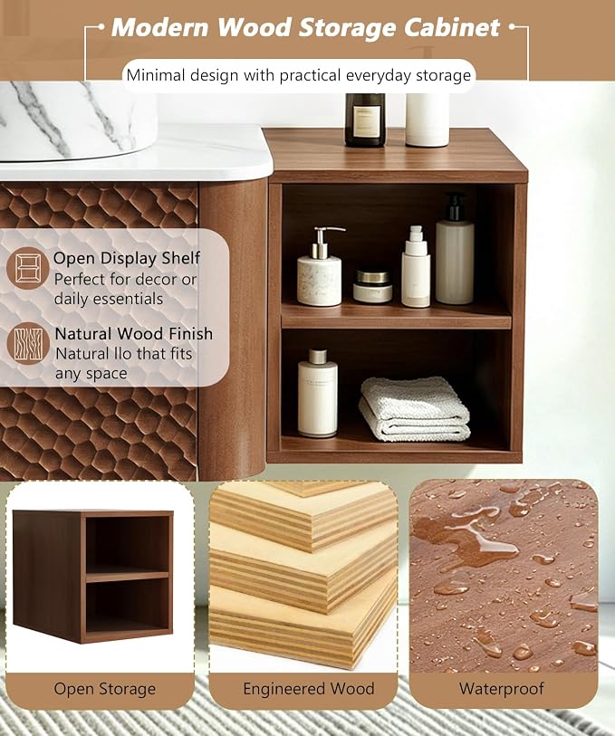 42 Inch Modern Bathroom Vanity with Ceramic Sink, Floating Bathroom Sink Cabinet with Sintered Stone Top&Solid Wood Hammered Frame, Single Bathroom Vanities w/Soft-Close Drawer&Side Open Cube