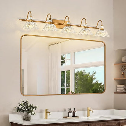 Vintage Bathroom Vanity Light, 5-Light Matte Brass Finish Vanity Light with Floral Clear Glass Shades, Retro Wall Mount Lighting for Bathroom, Dressing Table