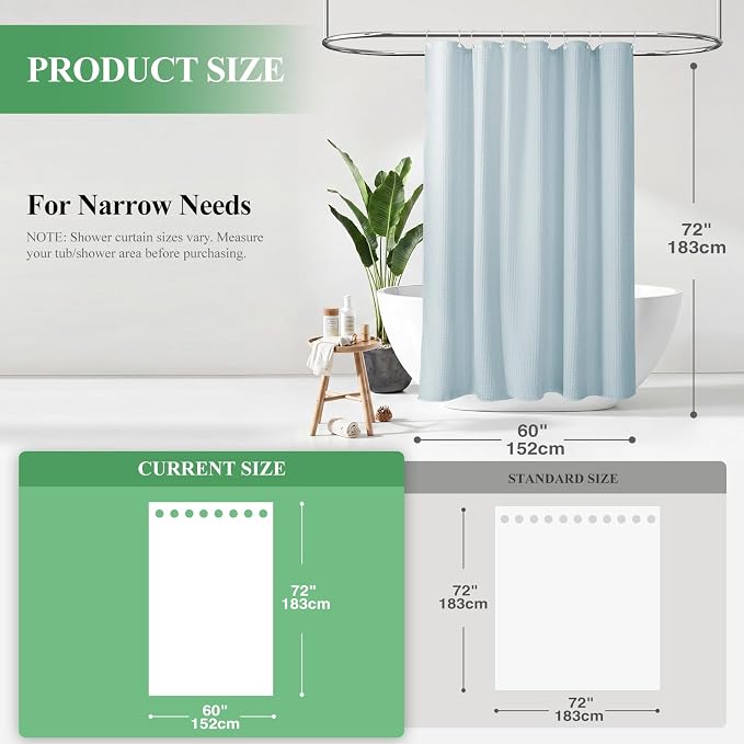 Stall Waffle Shower Curtain 256 GSM Heavy Fabric 60x72 Fog Blue | 60 Inch Wide, Thick Cloth, Weighted Hem, Water Repellent, Hotel Luxury Polyester Shower Curtain Set for Bathroom 10 Hooks