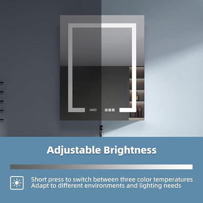Medicine Cabinet with Lights 24x30 Anti-Fog Mirror Dimmable | 3 Color Dimmable LED. Time Temp Display. Anti-Fog IP44. 2 Outlets+2 USB. Plug-in/Hardwired. Recessed/Wall Mount. Left Hinge.