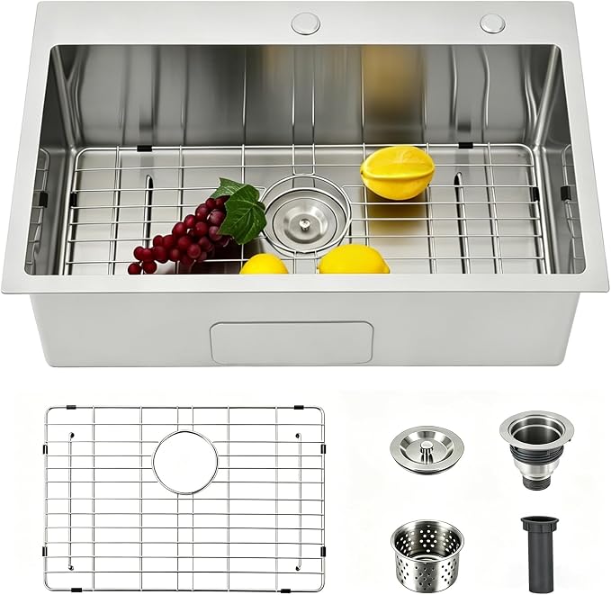 VAPSINT 28 Inch Drop in Kitchen Sink, 28x18 Inch Top Mount 16 Gauge Commercial T304 Stainless Steel Sink for Kitchen, 9 Inch Deep Handmade Single Bowl Basin Laundry Utility Wet Prep Sink, Fregadero