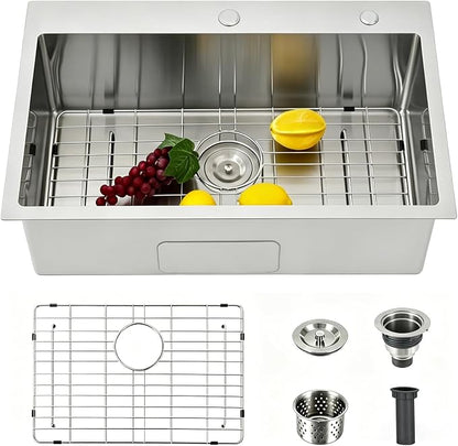 VAPSINT 28 Inch Drop in Kitchen Sink, 28x18 Inch Top Mount 16 Gauge Commercial T304 Stainless Steel Sink for Kitchen, 9 Inch Deep Handmade Single Bowl Basin Laundry Utility Wet Prep Sink, Fregadero