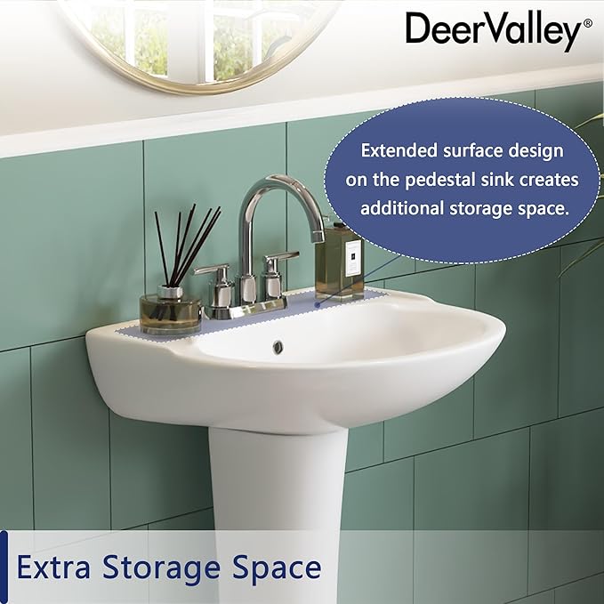 DeerValley Ally 20x17 Inch U-Shape White Ceramic Pedestal Sink, 3-Hole Faucet Configuration with Overflow, DV-1P52503