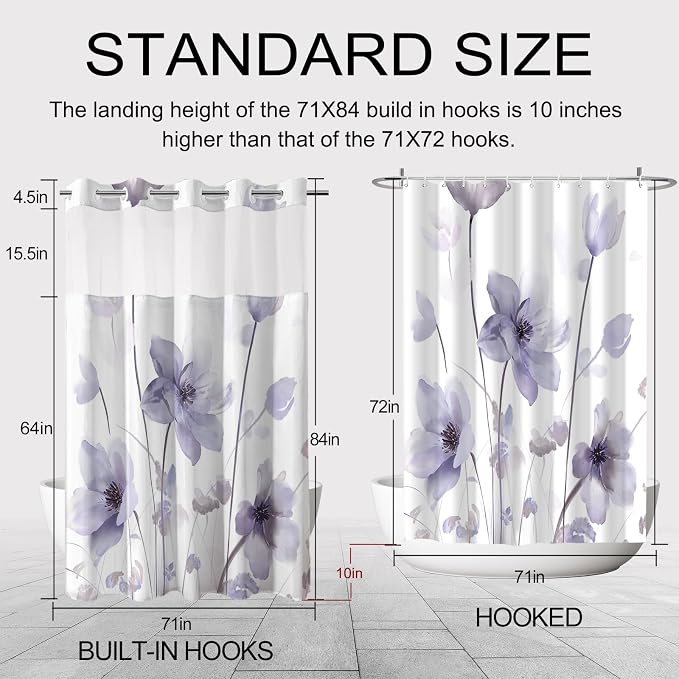 No Hook Shower Curtain and Liner Set, Purple Boho Floral 71x84 | Watercolor Boho Flower, with Snap in Liner, Waterproof, Machine Washable, Quick-Drying, for Hotel Bathroom