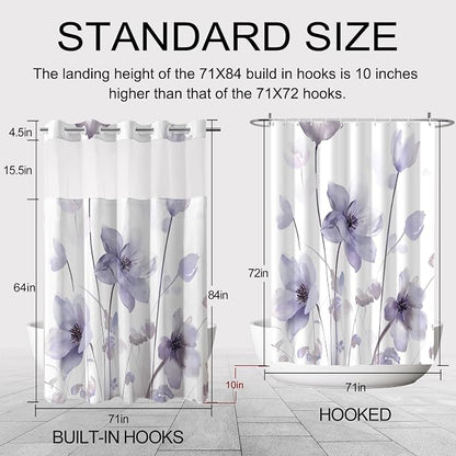No Hook Shower Curtain and Liner Set, Purple Boho Floral 71x84 | Watercolor Boho Flower, with Snap in Liner, Waterproof, Machine Washable, Quick-Drying, for Hotel Bathroom