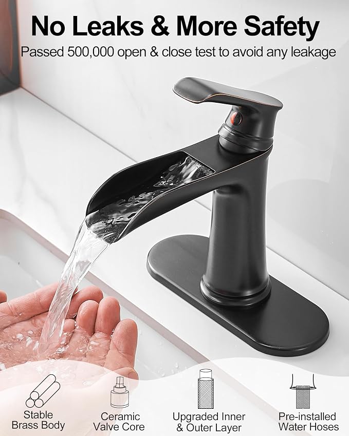 Brass Waterfall Faucet, Oil Rubbed Bronze Bathroom Faucet, 4 Inch Bathroom Sink Faucet 1 Hole or 3 Holes, 1 Handle Bathroom Faucets with Pop Up Drain Deck Plate Supply Hose for Antique Farmhouse