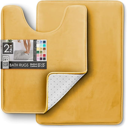 Clara Clark 2 Piece Bathroom Rugs, Velvet Memory Foam Bath Mat Set, Non-Slip Bath Rugs, Machine Wash, Dries Quickly, Ultra Soft Plush Bath Mats for Bathroom, 20 x 32 + Contour, Camel Gold
