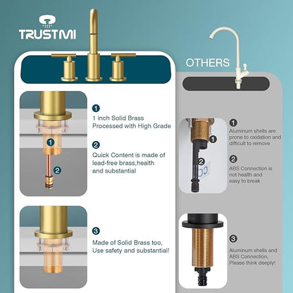 TRUSTMI Bathroom Faucet 3 Hole Brushed Gold - 8 Inch Widespread Brass Bathroom Vanity Sink Faucets in Gold with Swivel Spout, Include Overflow Drain and cUPC Supply Lines