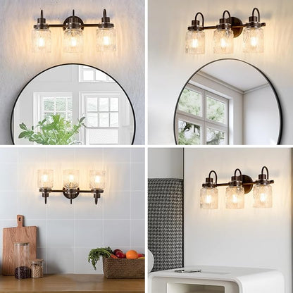 3 Lights Bathroom Vanity Light, Oil Rubbed Bronze Bathroom Light Fixtures with Hammered Glass Lampshade for Dressing Table,Over Mirror,Hallway