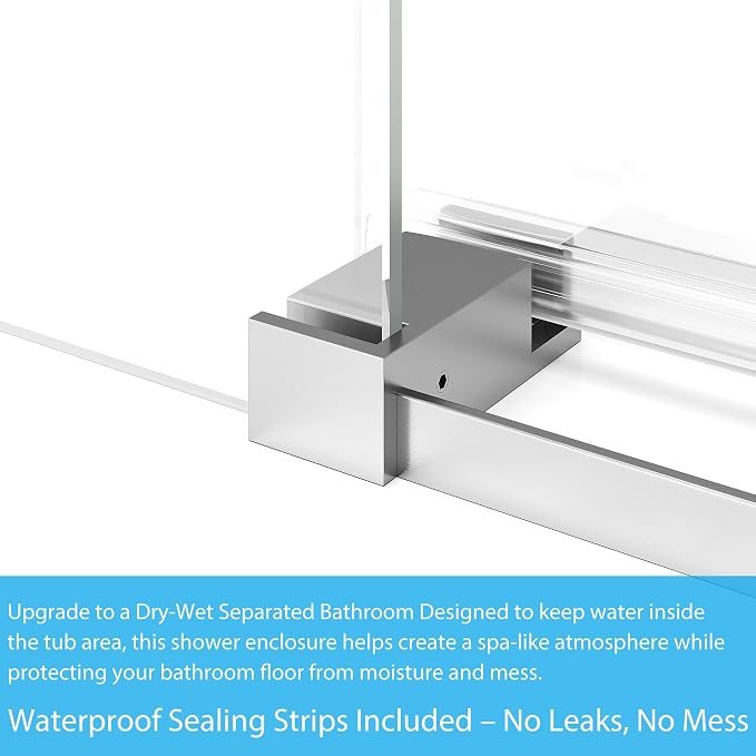 Frameless Sliding Shower Door for Tub 56-60”W×59”H, Sliding Shower Door with Fixed Panel, Stainless Steel Round Rail, 8mm Tempered Glass, Single Sliding Shower Door, Brushed Finish